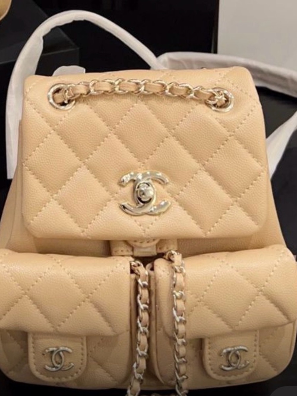 Fashion Quilted Mini Backpack in Beige with Gold Hardware